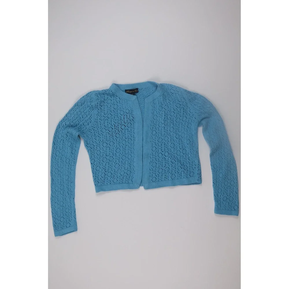 Monique du Rock Cardigan Pointelle Knit‎ M Blue Cropped Open Front Shrug Casual